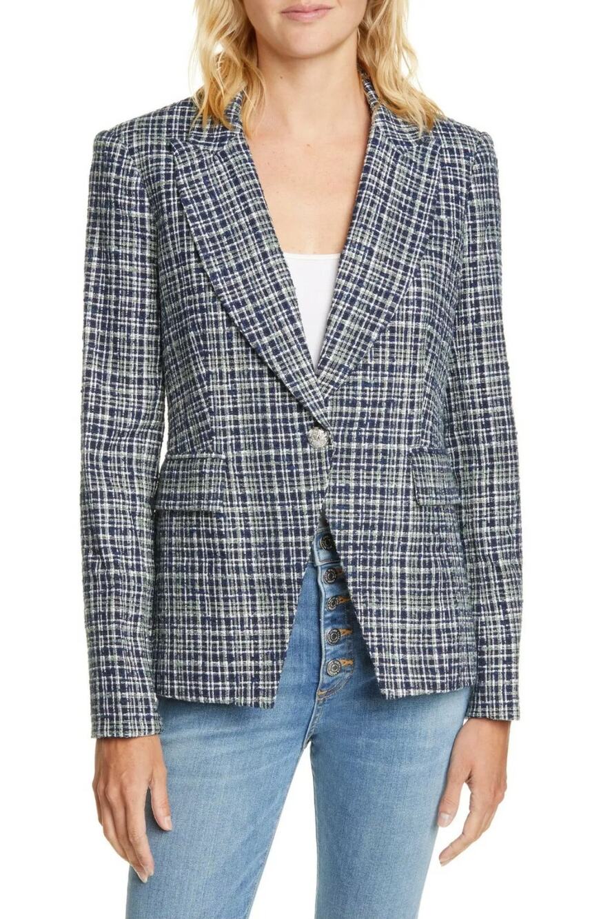 Veronica Beard Navy Blue Green Tweed Cutaway Dickey Front Button Blazer 2